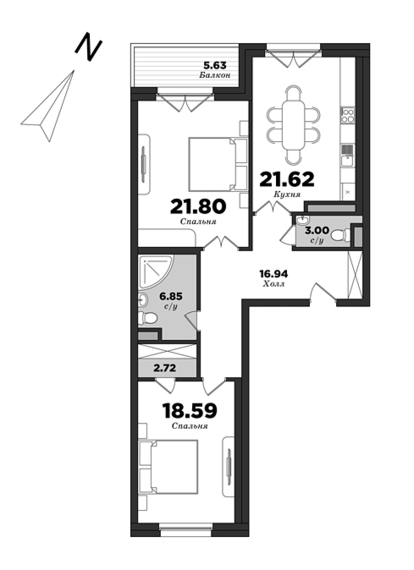Крестовский De Luxe, Корпус 8, 2 спальни, 94.34 м² | планировка элитных квартир Санкт-Петербурга | М16